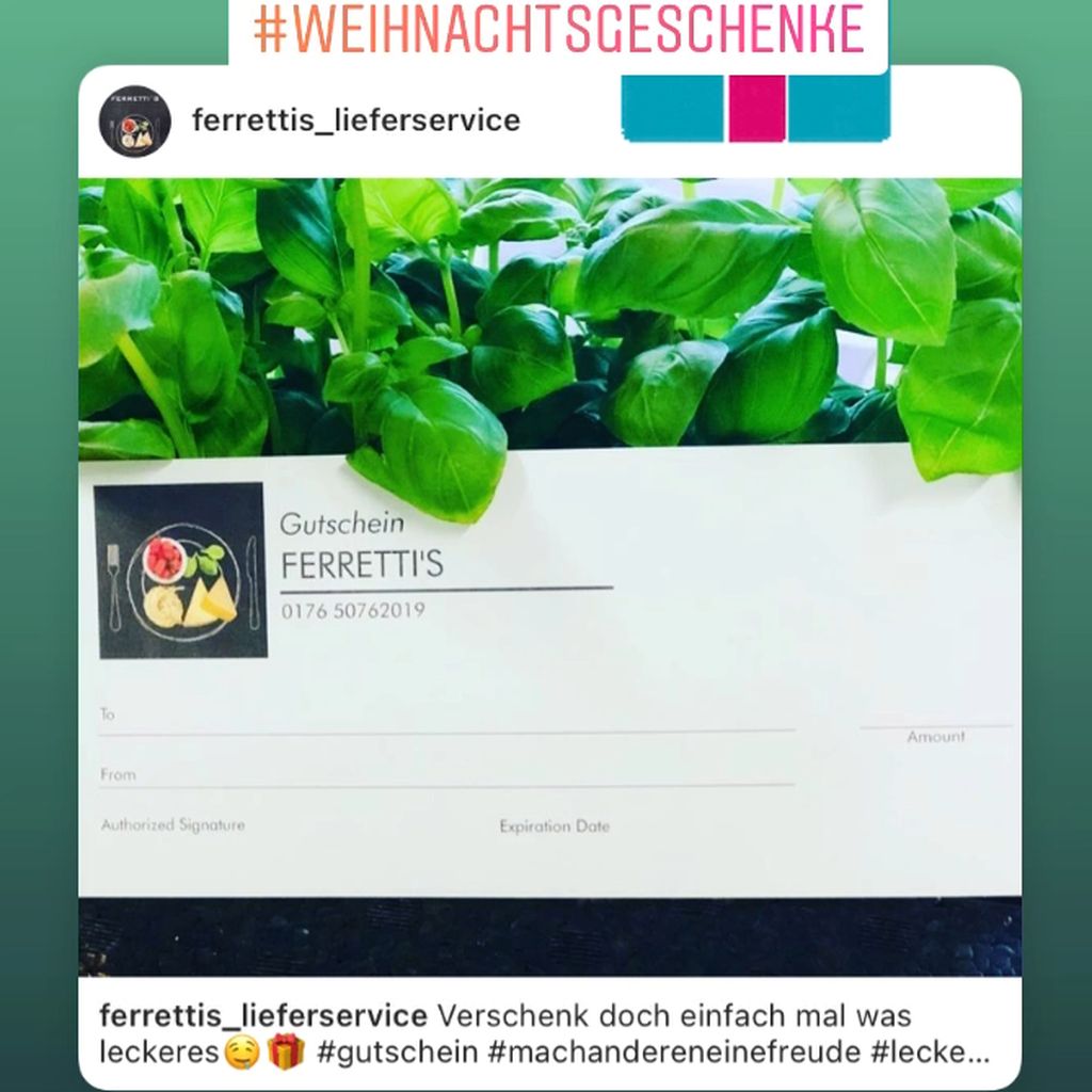 Ein Ferrettis Gutschein mit dem Text: Verschenk doch einfach mal was Leckeres